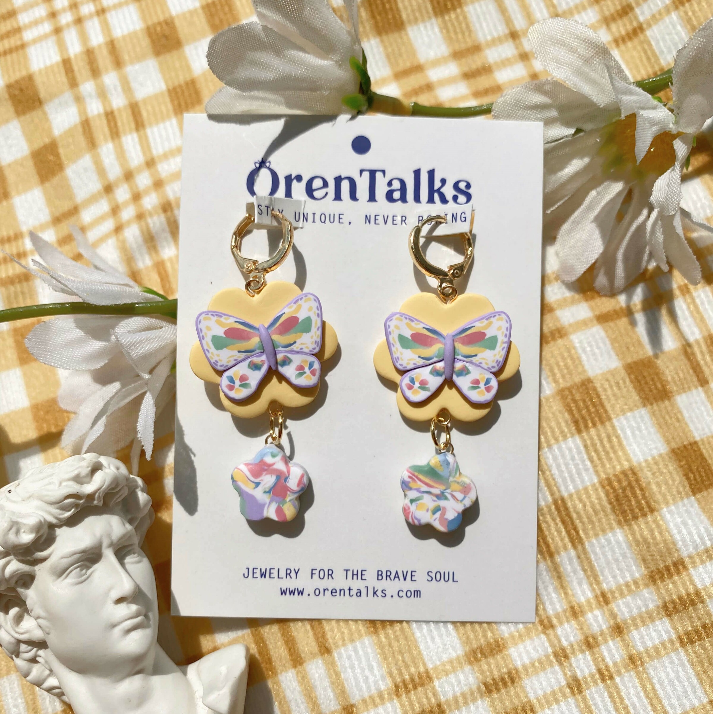 067-9 [Only One] Zephyr Butterfly Yellow Floral Statement Huggie Clay Earrings.jfif