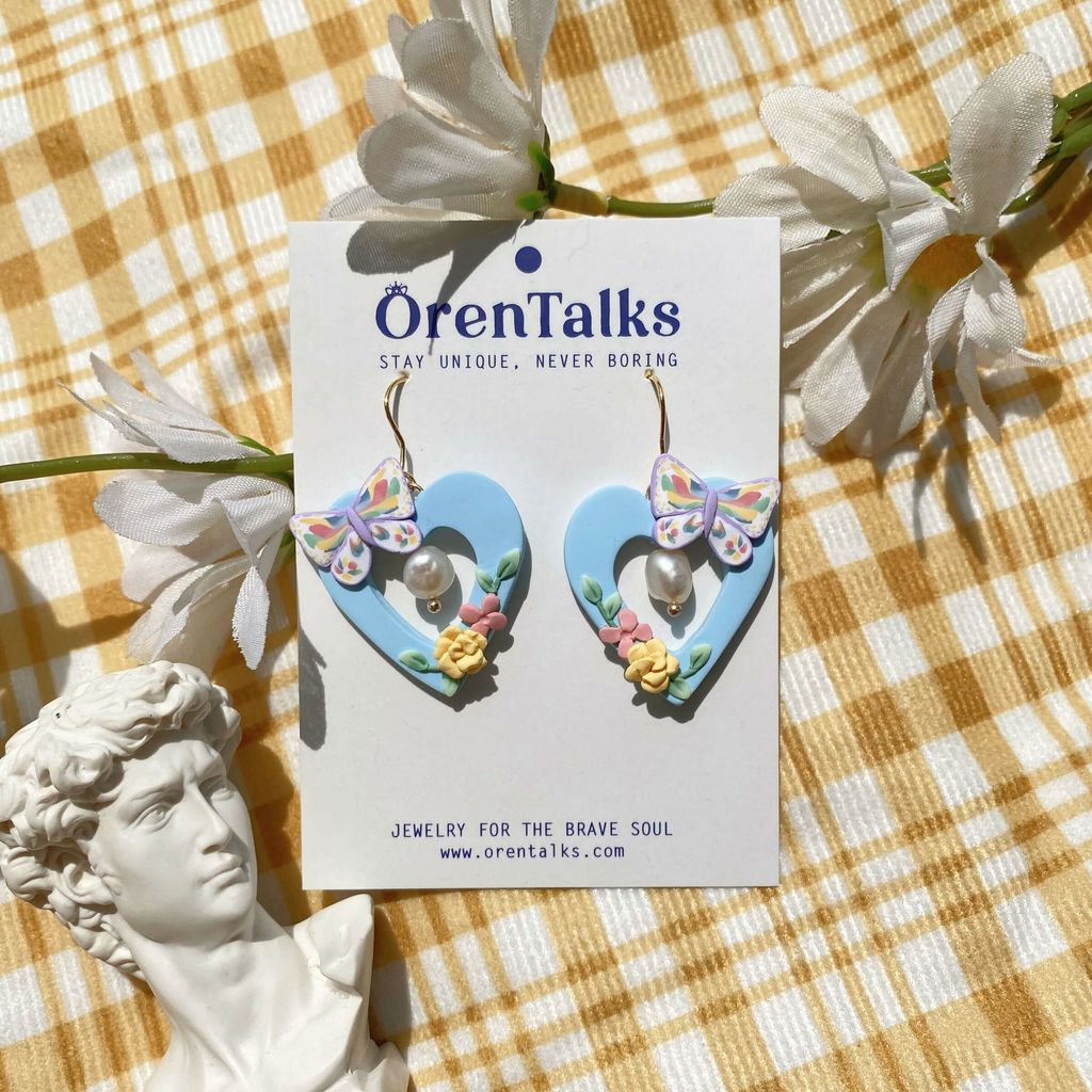 067-13 [Only One] Zephyr Butterfly Blue Love Statement Hook Clay Earrings with Freshwater Pearls.jfif