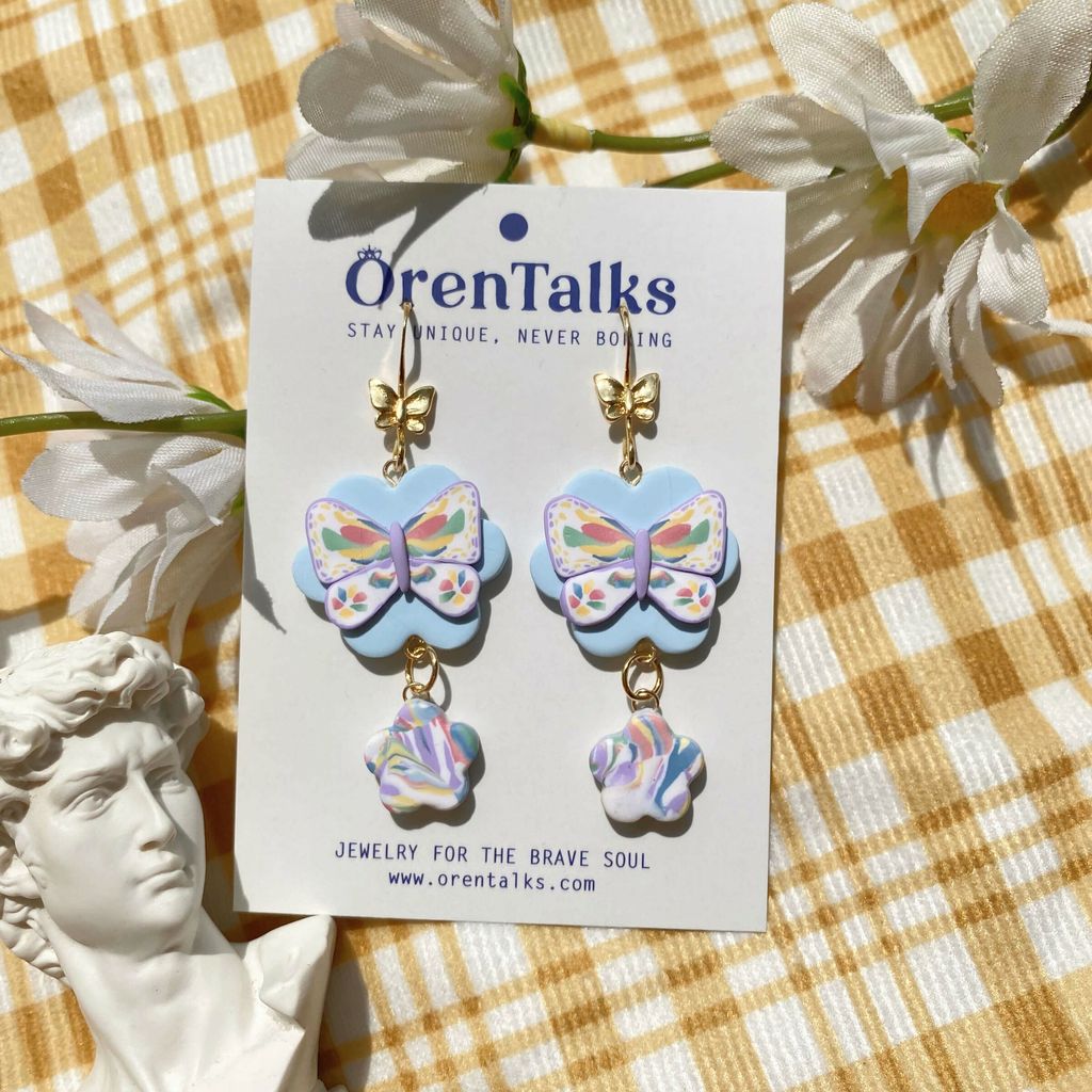 067-8 [Only One] Zephyr Butterfly Blue Floral Statement Hook Clay Earrings.jfif