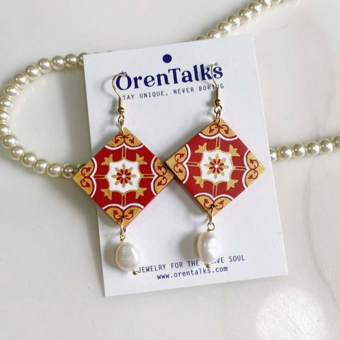 070-3 Divine Wine Red Tiles With Freshwater Pearl S925 Silver Hook Dangle Earrings (1).jpg