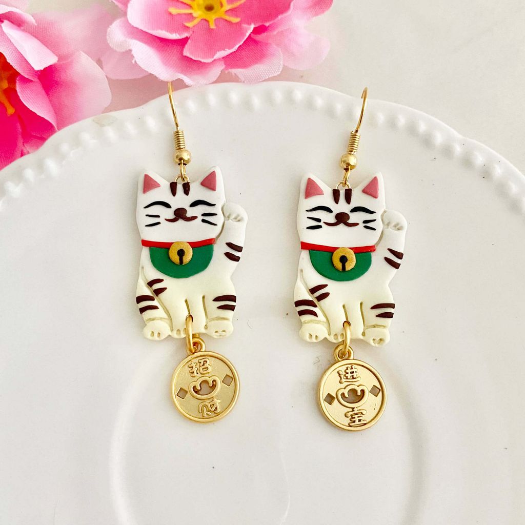 071-4 [Only Two] Fortune Cat Maneki-neko Clay Hook Earrings with Chinese Coins.jpg