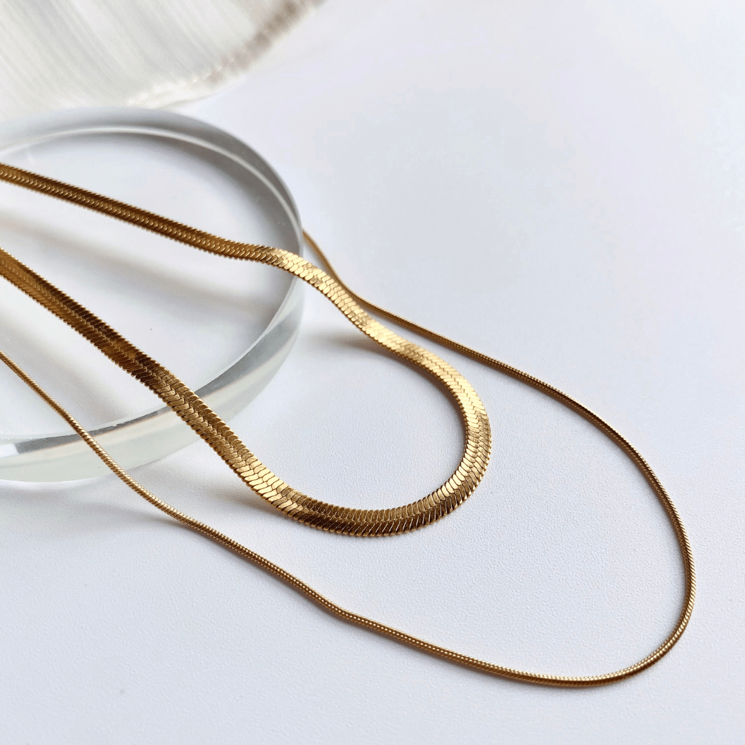 074-25 Emma Layered Herringbone Gold Titanium Steel Necklace • Stacking Thin Layering Necklace