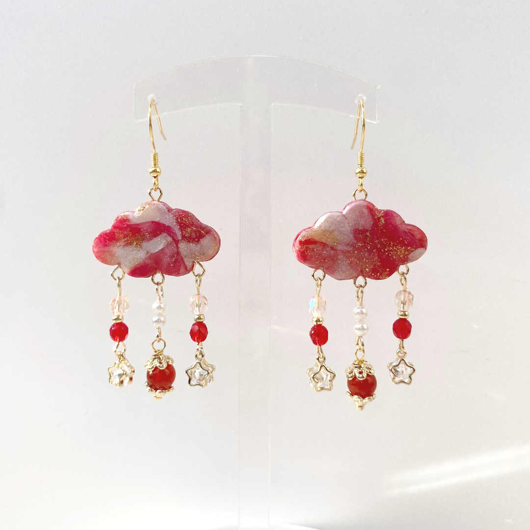 079-6 On Cloud Nine • Red Celestial Cloud Earrings with Agate Beads and Stars • S925 Silver