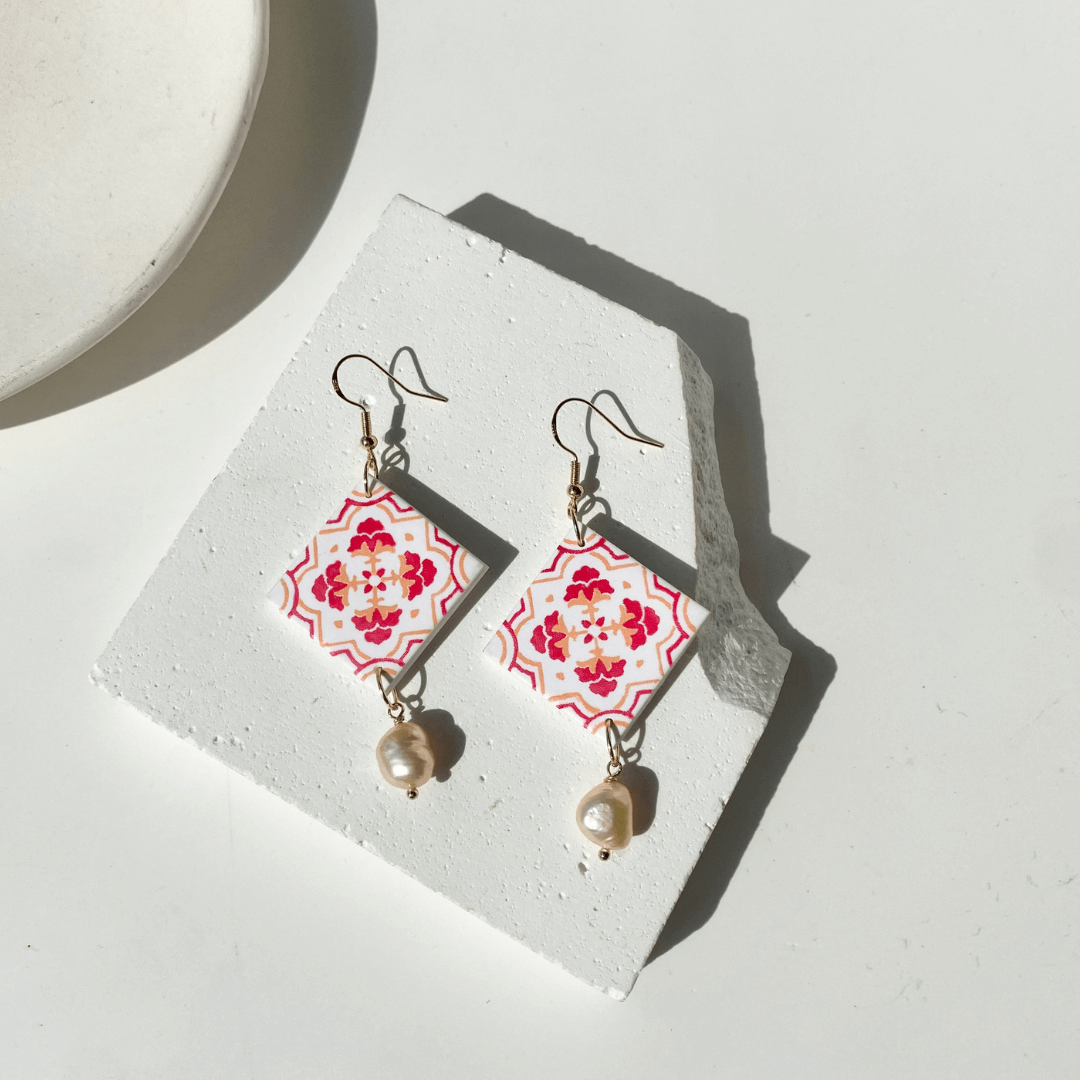 070-7 Scarlet Blossom Tiles With Freshwater Pearl S925 Silver Hook Dangle Earrings (2)