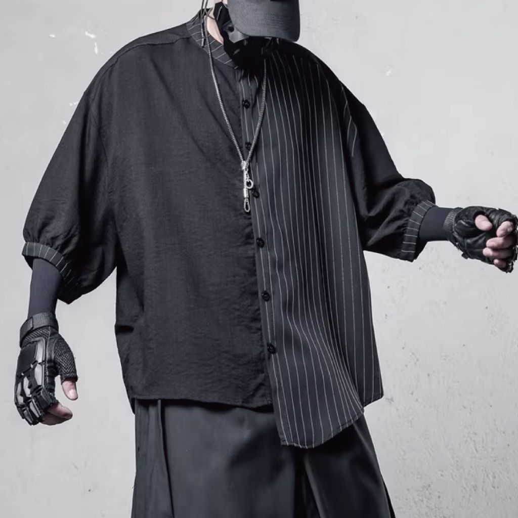 潮版不對稱條紋拼接七分袖襯衫-DM