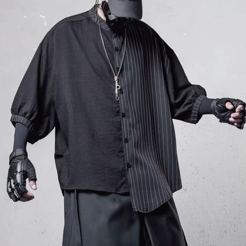 潮版不對稱條紋拼接七分袖襯衫-DM