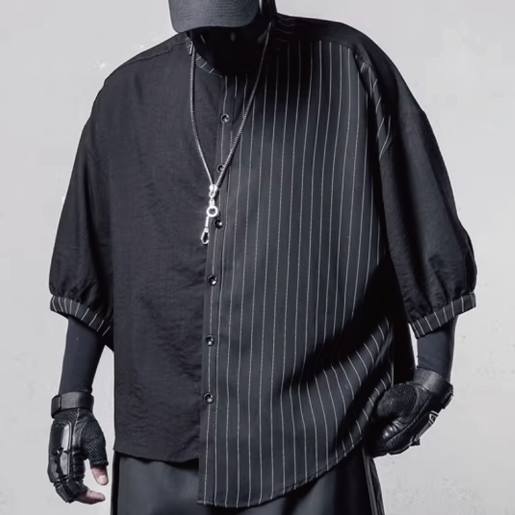 潮版不對稱條紋拼接七分袖襯衫-DM2