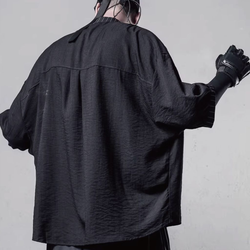 潮版不對稱條紋拼接七分袖襯衫-DM3