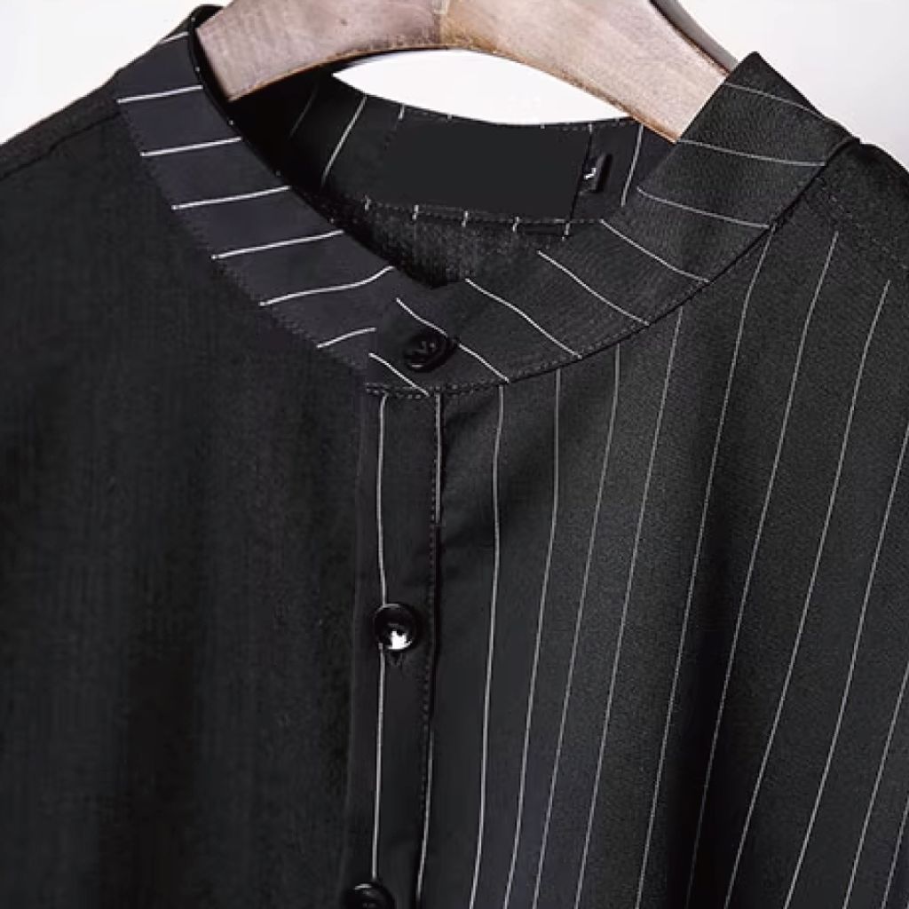 潮版不對稱條紋拼接七分袖襯衫-細節1