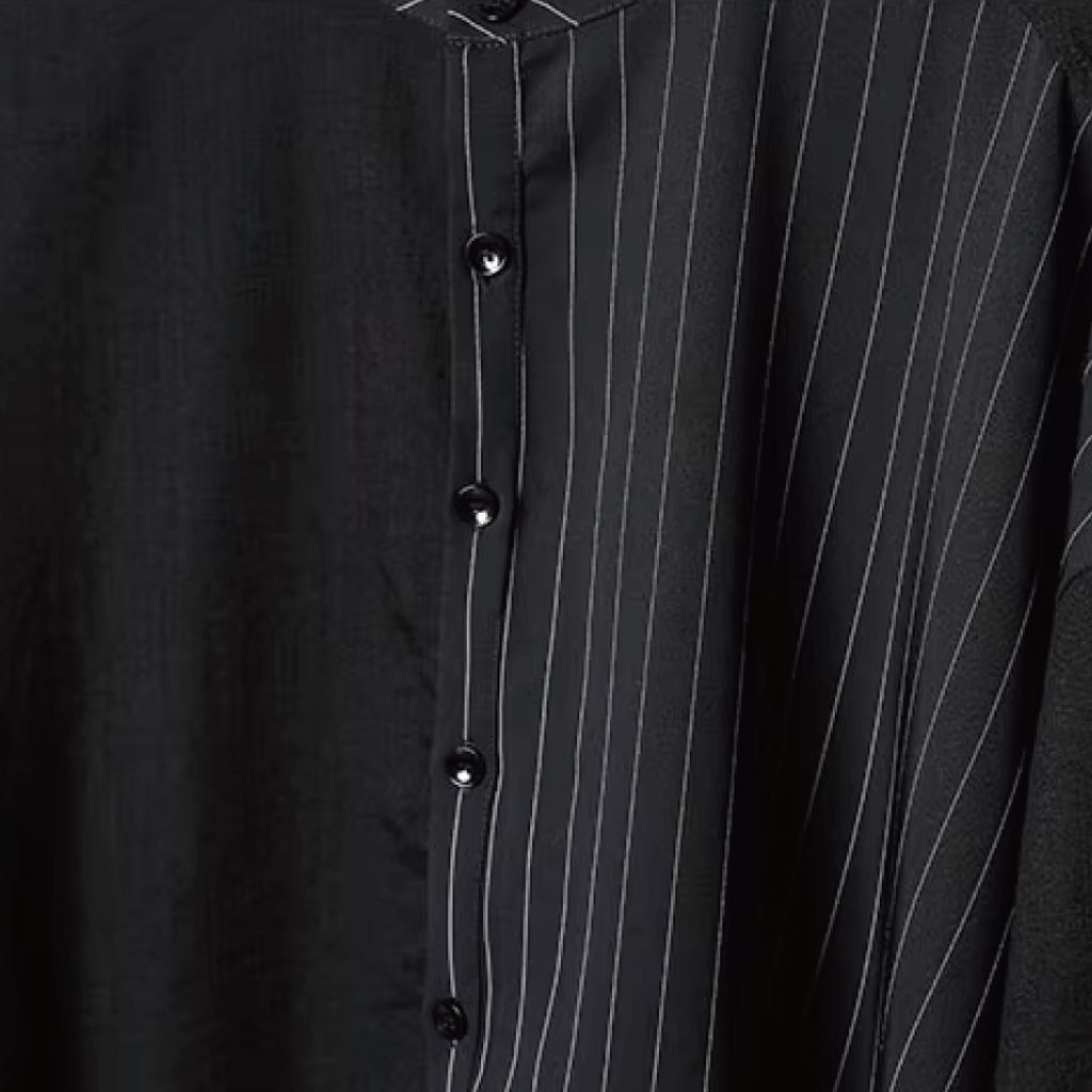 潮版不對稱條紋拼接七分袖襯衫-細節2