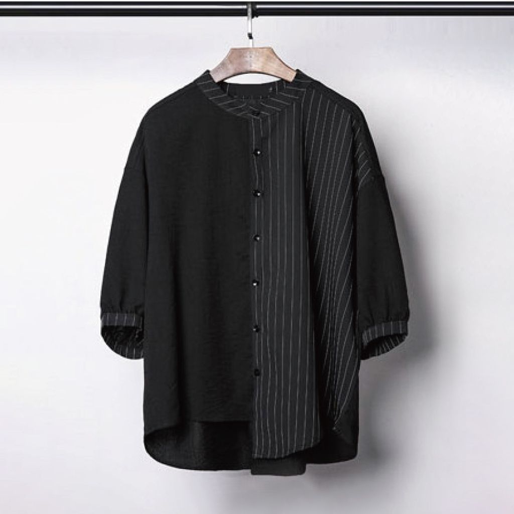 潮版不對稱條紋拼接七分袖襯衫-正面