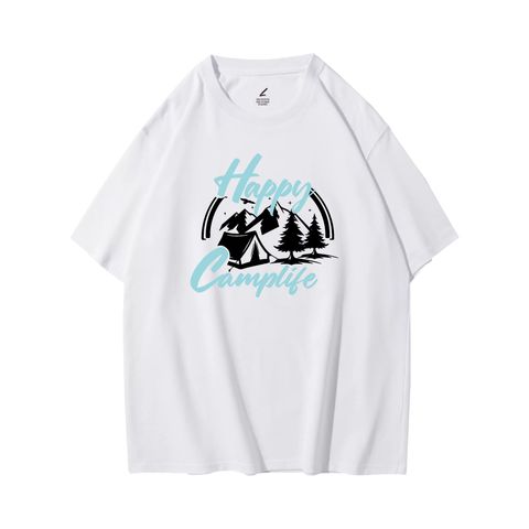 Happy Camplife(快樂露營生活)重磅寬版落肩T恤(白色)