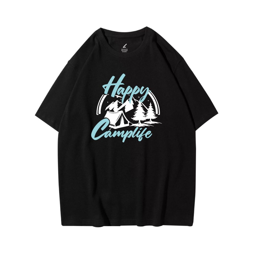 Happy Camplife(快樂露營生活)重磅寬版落肩T恤(黑色)