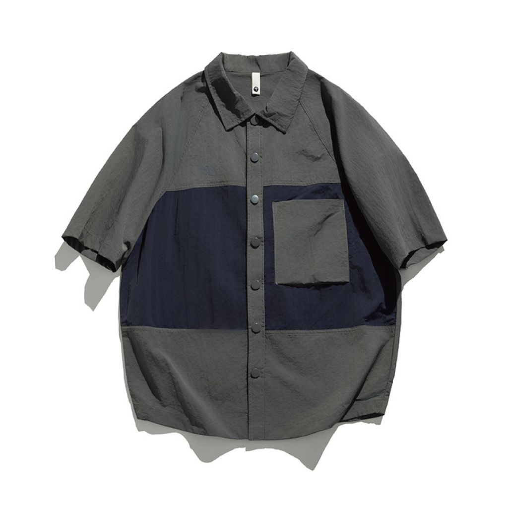 機能拼色工裝襯衫(深灰色)Front