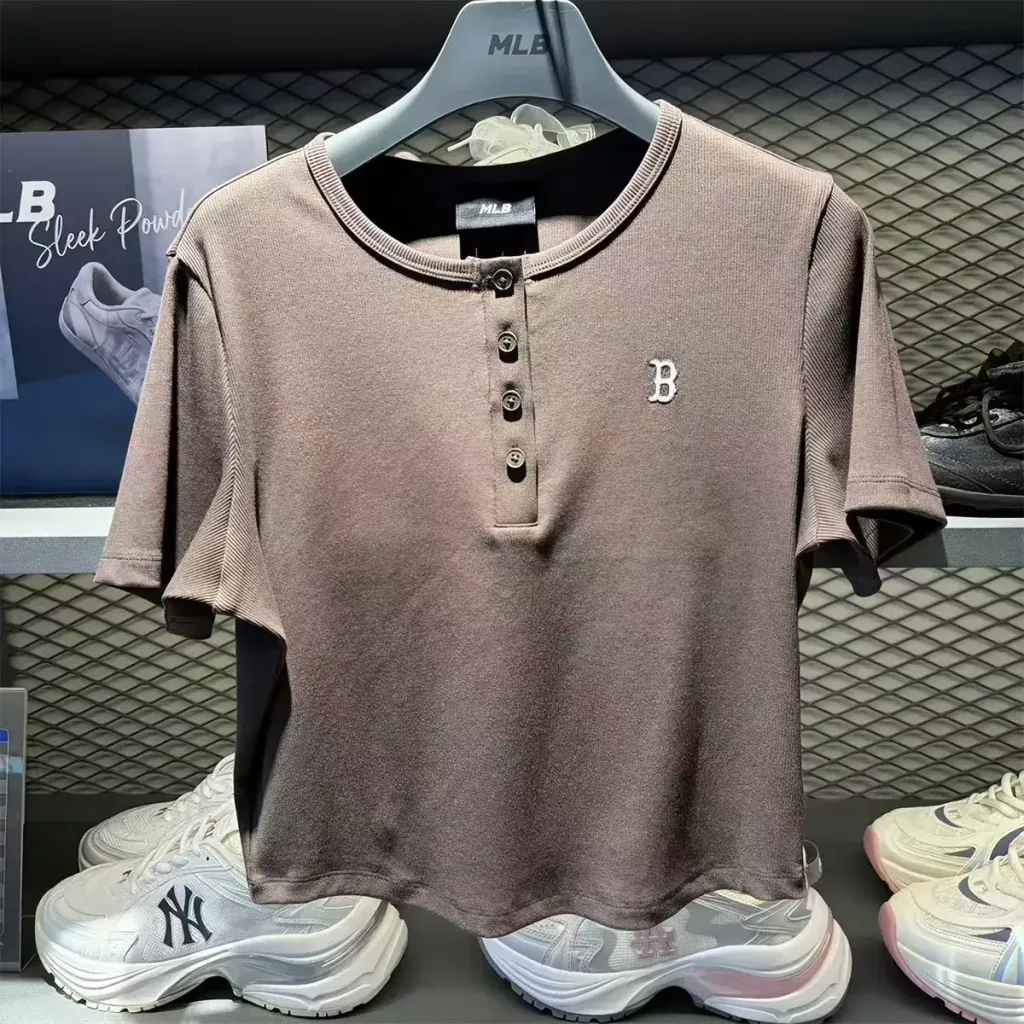 JuzBeauty_JuzBeautyMalaysia_JuzPretty_Authentic_Kbeauty_Malaysia_Skin_Care_Cosmetics_K-Beauty_Health_Care_korean_streetwear_US_Luxury_MLB Women's Vintage Slim Ribbed Henley Neck Short Sleeve T-shirt Tee 3FTSB1063 女款上衣6