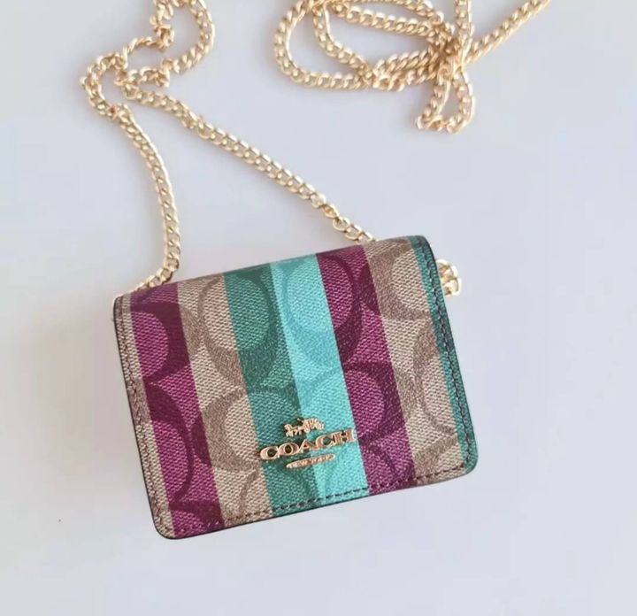JuzBeauty_JuzBeautyMalaysia_JuzPretty_Authentic_Kbeauty_Malaysia_Skin_Care_Cosmetics_Jbeauty_Health_Care_korean_streetwear_US_Luxury_COACH C6127 Mini Wallet On A Chain In Signature Canvas With Stripe Print 迷你斜挎包1