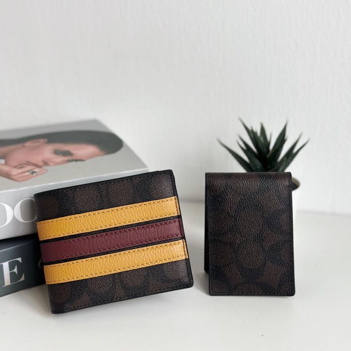 JuzBeauty_JuzBeautyMalaysia_JuzPretty_Authentic_Kbeauty_Malaysia_Skin_Care_Cosmetics_Jbeauty_Health_Care_korean_streetwear_US_Luxury_COACH 3008 3 In 1 Wallet In Signature Canvas With Varsity Stripe In Mahogany Buttercup Multi 男款钱包 卡包3
