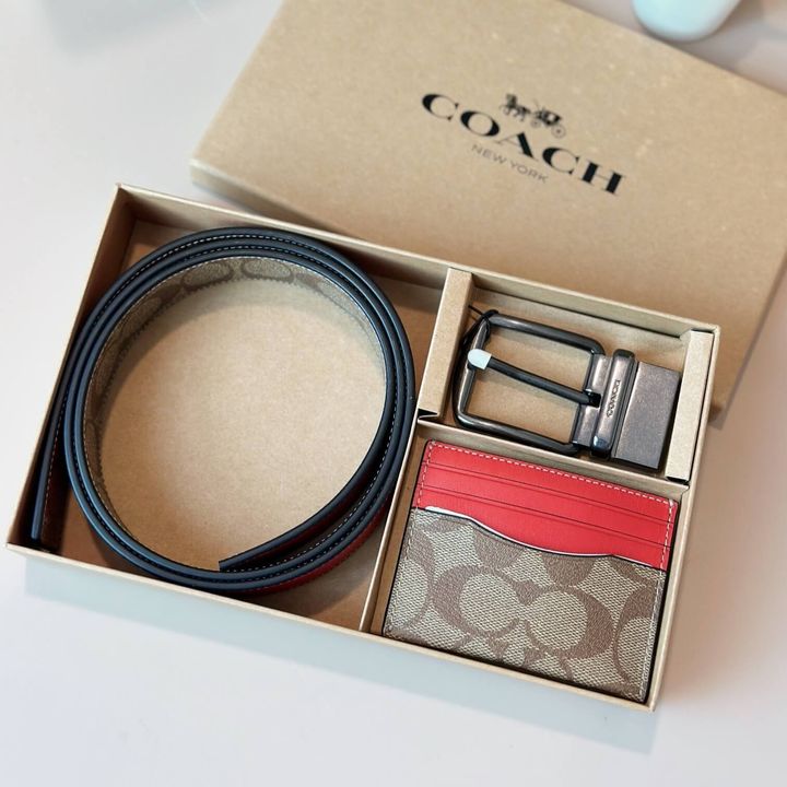 JuzBeauty_JuzBeautyMalaysia_JuzPretty_Authentic_Kbeauty_Malaysia_Skin_Care_Cosmetics_Jbeauty_Health_Care_korean_streetwear_US_Luxury_COACH C8278 Boxed Card Case And Belt Gift Set In Colorblock Signature Canvas In Khaki:Miami Red 男款卡包腰带礼盒1