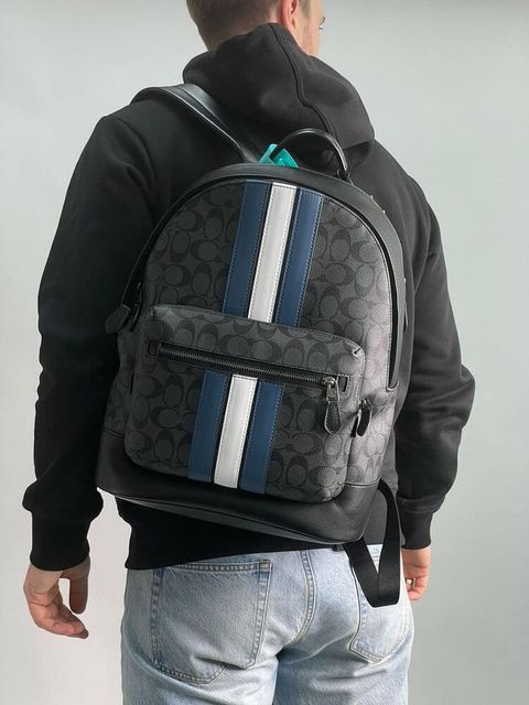 JuzBeauty_JuzBeautyMalaysia_JuzPretty_Authentic_Kbeauty_Malaysia_Skin_Care_Cosmetics_Jbeauty_Health_Care_korean_streetwear_US_Luxury_COACH CV922 West Backpack In Signature Canvas With Varsity Stripe In Charcoal-Denim-Chalk 男款背包7