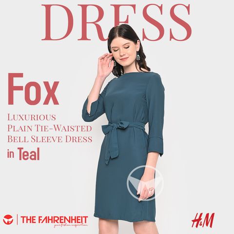 A67-Fox-HM-Luxurious-Plain-Tie-Waisted-Bell-Sleeve-Dress-Teal