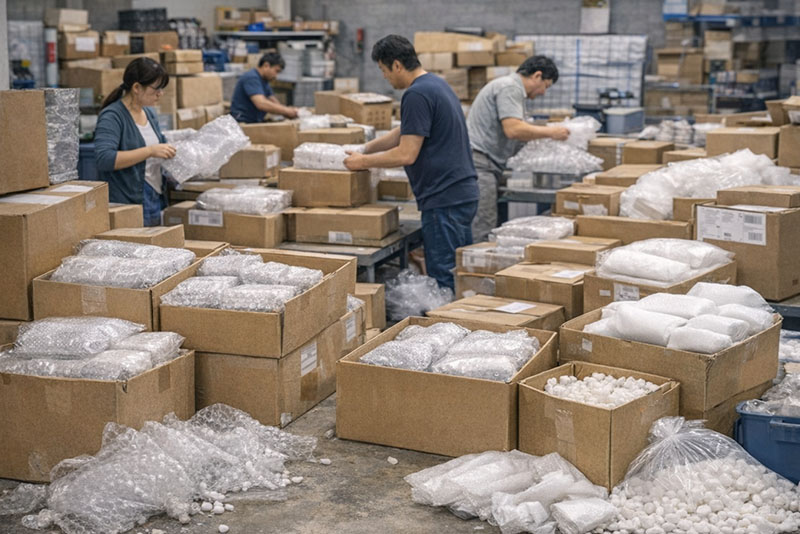 氣墊機停機後的包裝現場,工作人員改以傳統氣泡布、珍珠棉與乖乖粒進行人工包裝,紙箱與包材大量堆積影響出貨效率