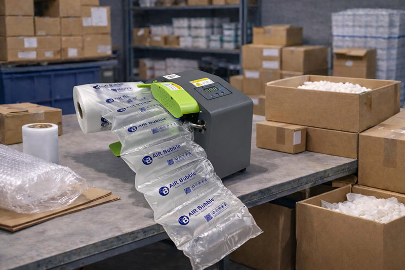 倉儲包裝作業台上運作中的氣墊機,持續產出氣泡緩衝包材並延伸至桌面下方,用於電商與物流出貨包裝