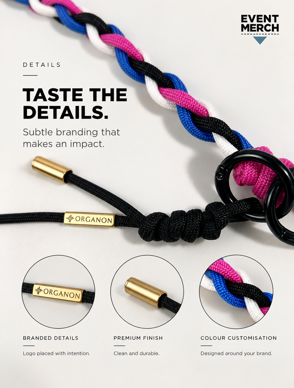 Organon customised multipurpose lanyard for corporate event workshops and branded event merchandise