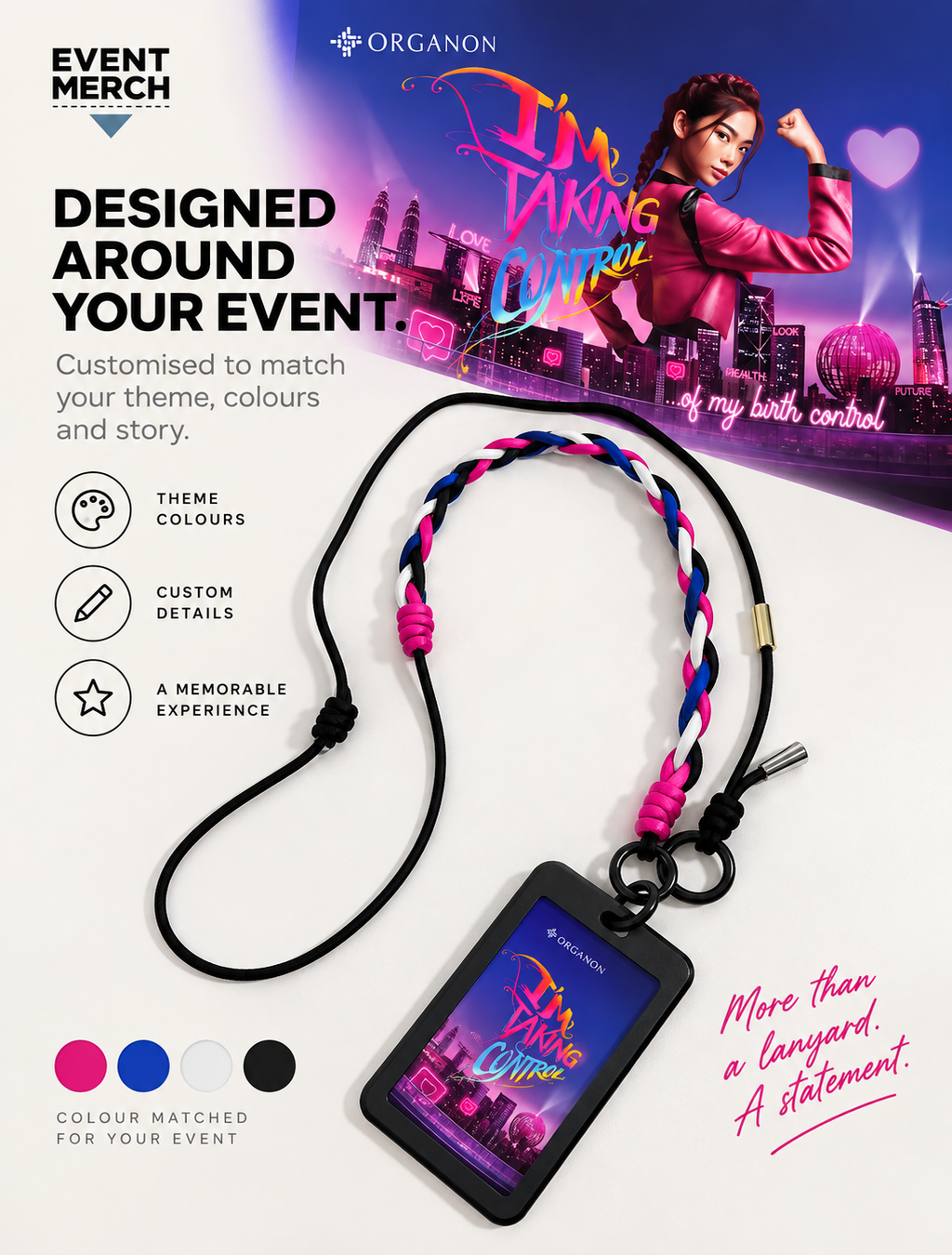 Organon multipurpose event lanyard customised to match corporate theme colours