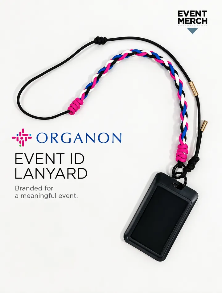 Organon custom event lanyard in branded theme colours for corporate merchandise and events