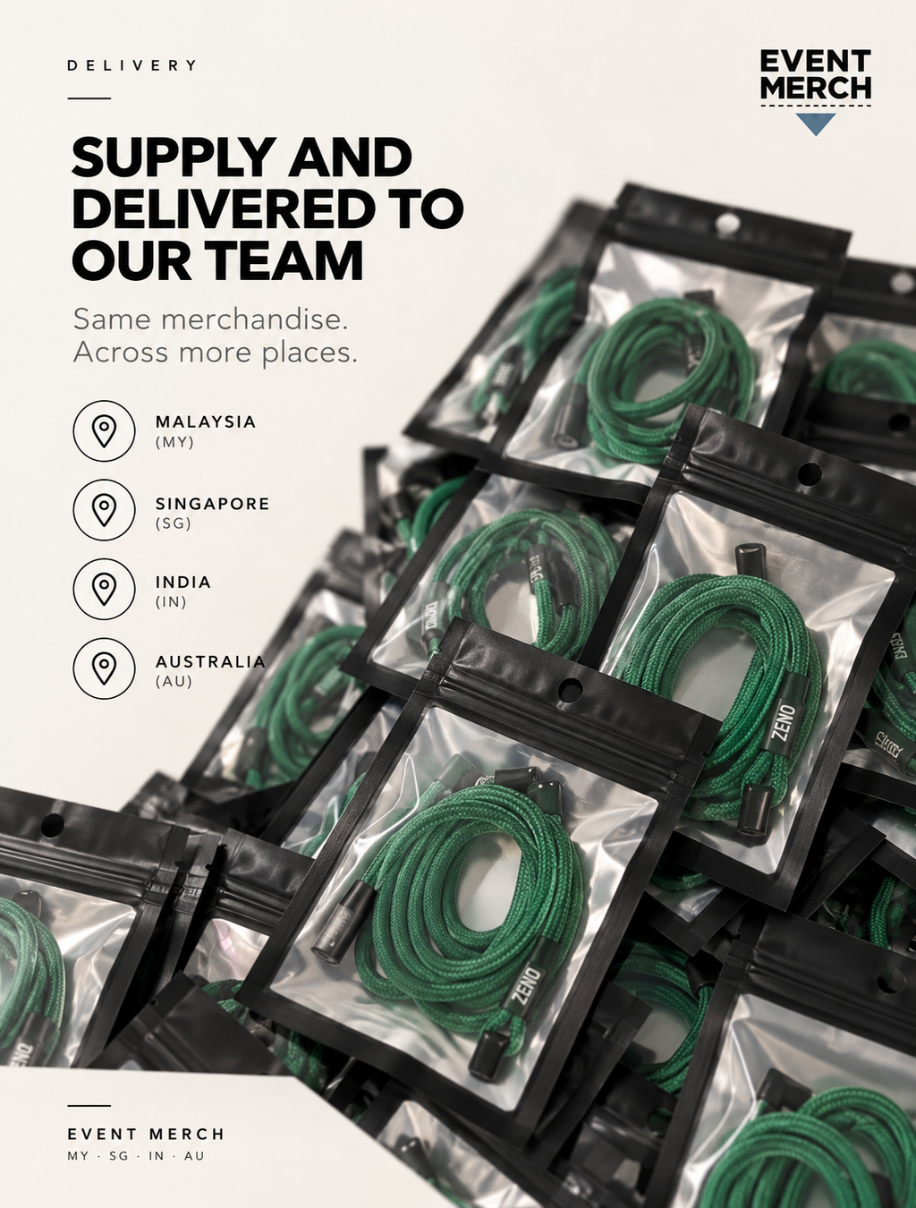 ZENO branded staff lanyards customised with logo and colours for corporate event gifts and merchandise