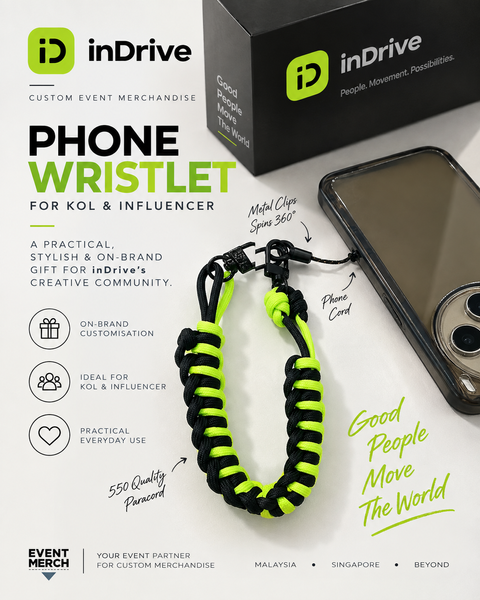 Custom inDrive phone wristlet included in KOL gift pack for influencer and corporate event gifting