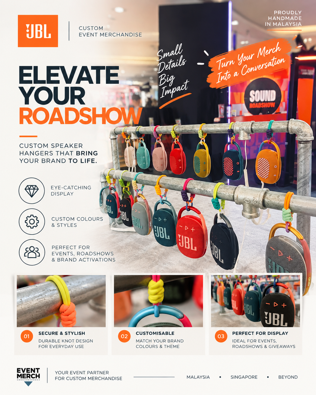 Custom JBL speaker hanger for corporate event activation, roadshow merchandise and event workshops