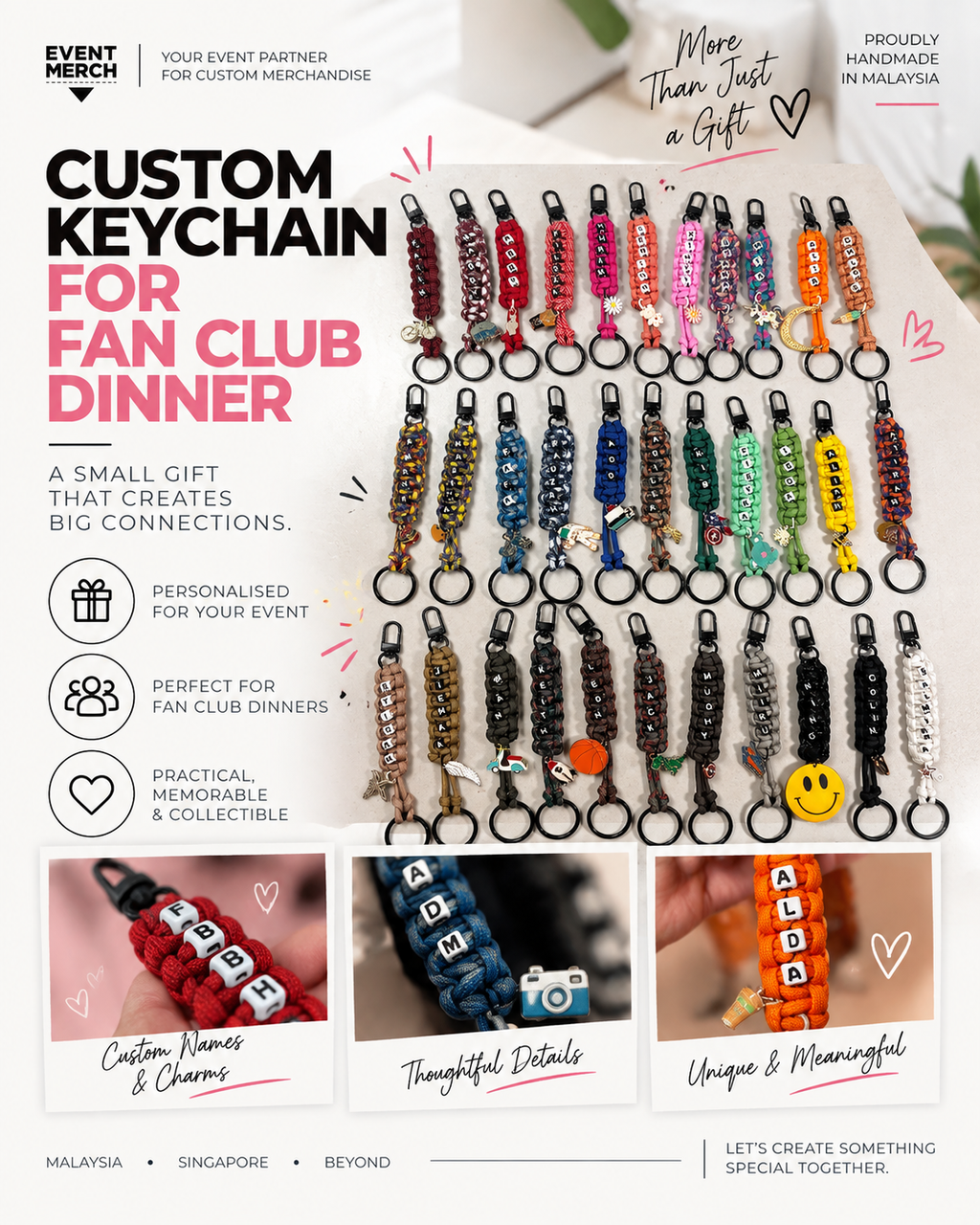 Personalised multipurpose keychain with custom colours, charms and names for corporate gifts and event merchandise