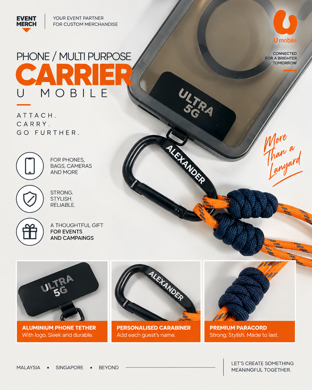 U Mobile logo on customised wristlet phone strap for corporate merchandise
