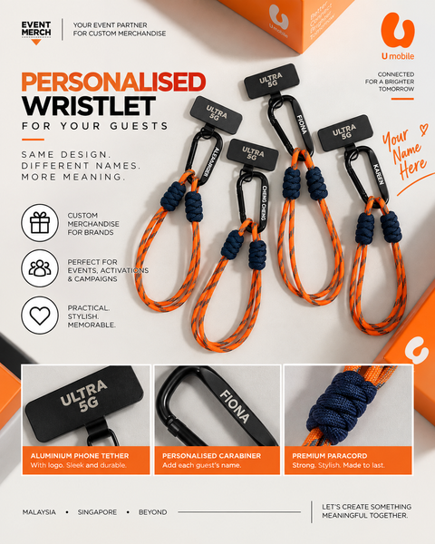 Close-up of U Mobile branded wristlet phone lanyard with custom logo