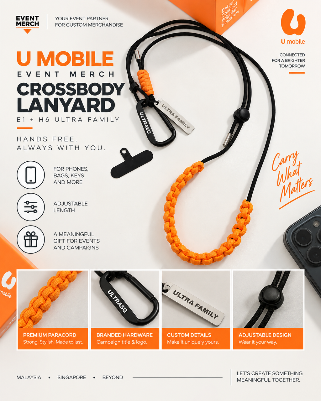 Close-up of custom U Mobile crossbody phone lanyard with branded logo