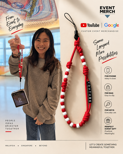 YouTube Google event door gift featuring a custom red and white beaded phone wristlet, personalised event merchandise and corporate gift made in Malaysia for event guests
