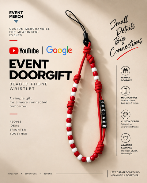 Custom beaded phone wristlet event door gift created for a YouTube and Google event, handmade corporate merchandise for guests in Malaysia and Singapore