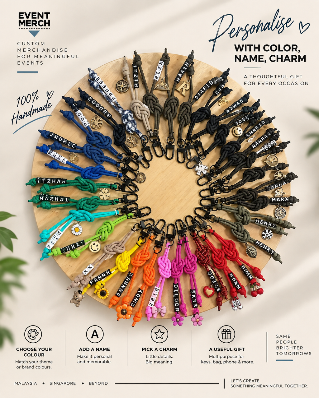 Custom handmade keychains personalised with names, colours and charms for party favours, corporate events and event door gifts in Malaysia and Singapore