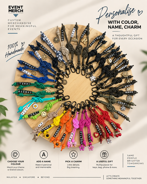 Custom handmade keychains personalised with names, colours and charms for party favours, corporate events and event door gifts in Malaysia and Singapore