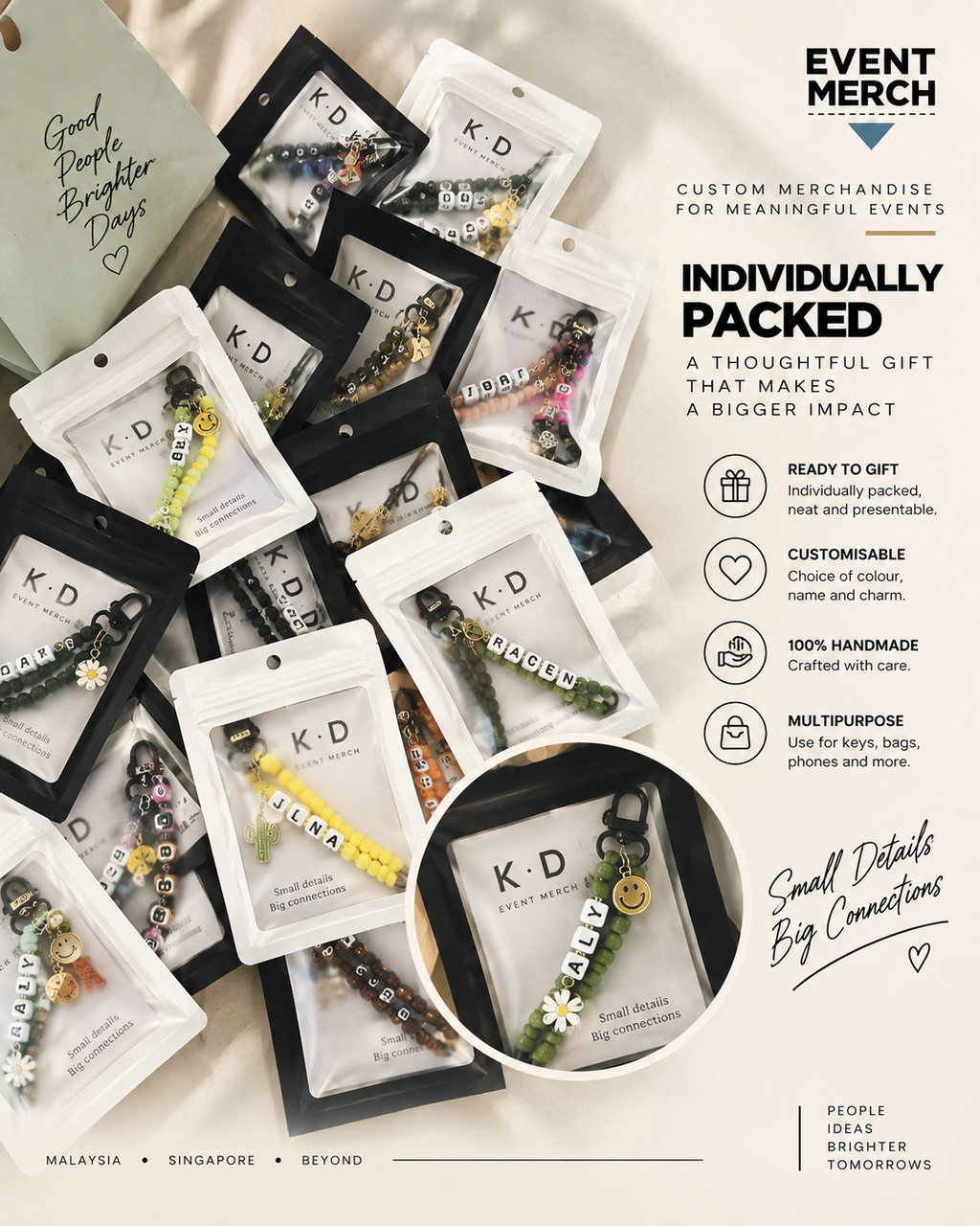 Individually packed personalised handmade keychain gifts for corporate events, private parties, gatherings and event workshops in Malaysia and Singapore