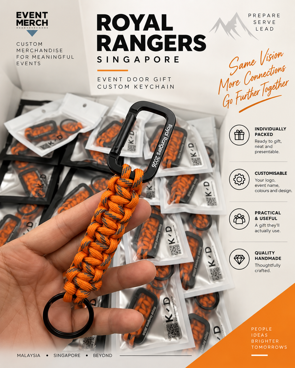 Royal Rangers Singapore custom carabiner keychain made with 550 paracord in corporate event colours, engraved with organisation branding for bulk event door gifts and corporate merchandise