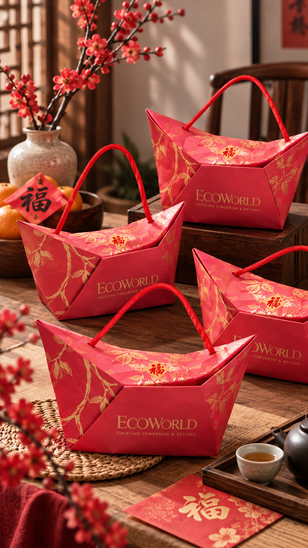 Custom EcoWorld CNY dinner gift packaging for corporate event gifts and branded merchandise