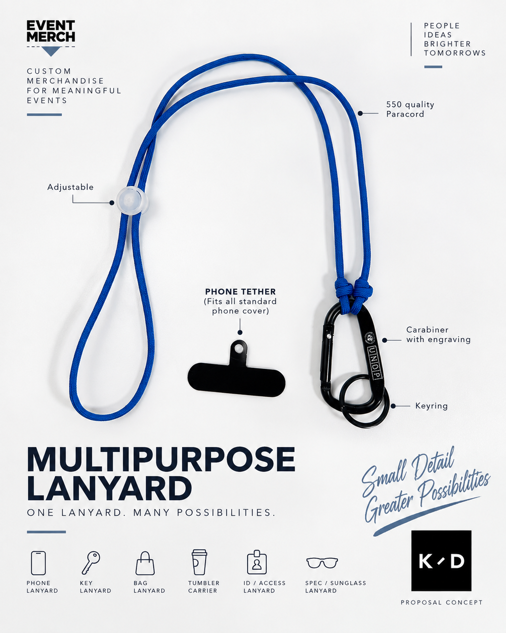Multipurpose custom corporate lanyard made with 550 paracord for UNDP event proposal, designed for ID tags, phone, keys, sunglasses, tumbler and purse use in Malaysia and Singapore