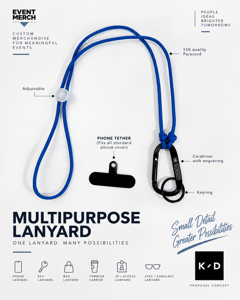 Multipurpose custom corporate lanyard made with 550 paracord for UNDP event proposal, designed for ID tags, phone, keys, sunglasses, tumbler and purse use in Malaysia and Singapore