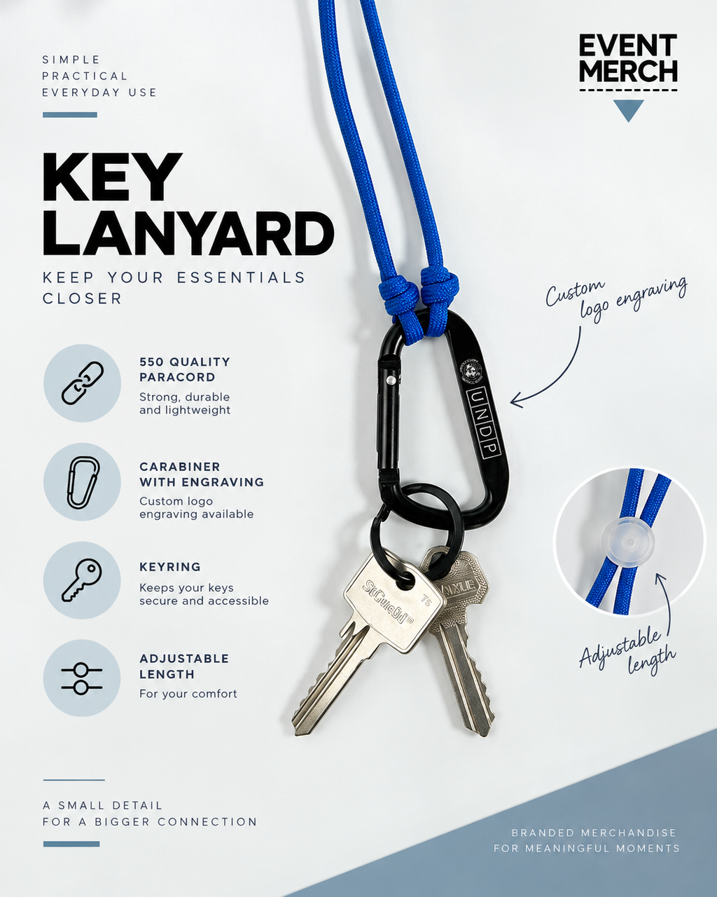 Multipurpose custom corporate lanyard made with 550 paracord for UNDP event proposal, designed for ID tags, phone, keys, sunglasses, tumbler and purse use in Malaysia and Singapore