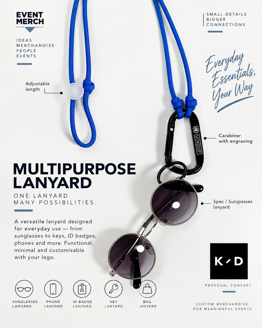 Multipurpose custom corporate lanyard made with 550 paracord for UNDP event proposal, designed for ID tags, phone, keys, sunglasses, tumbler and purse use in Malaysia and Singapore