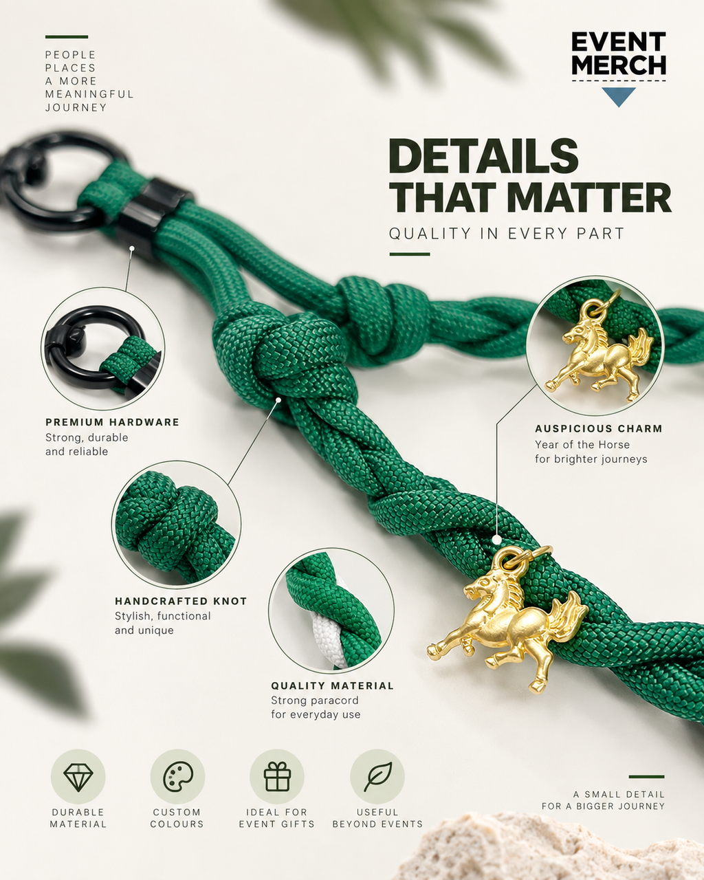 Gold horse charm detail on handmade Year of the Horse CNY paracord wristlet corporate gift