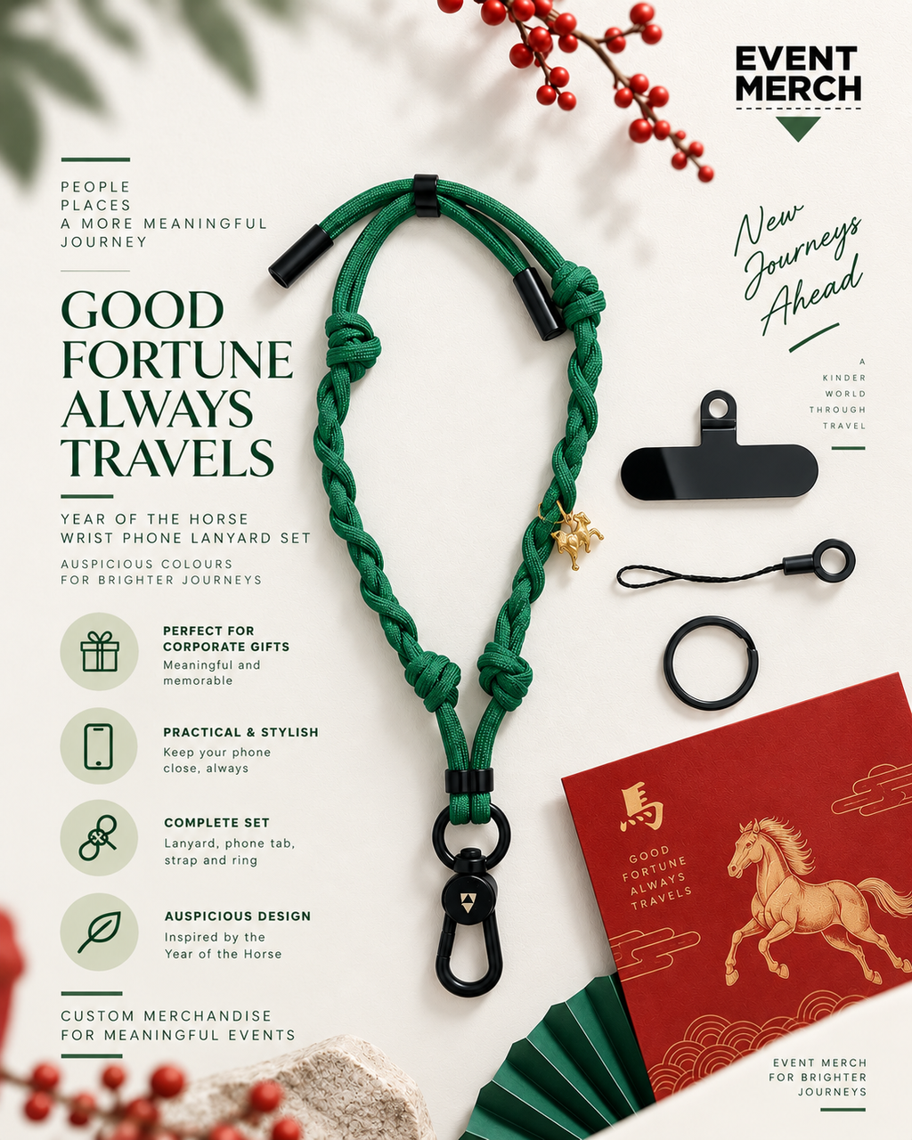 Year of the Horse CNY handmade paracord wristlet phone lanyard in auspicious festive colours for corporate event gifts
