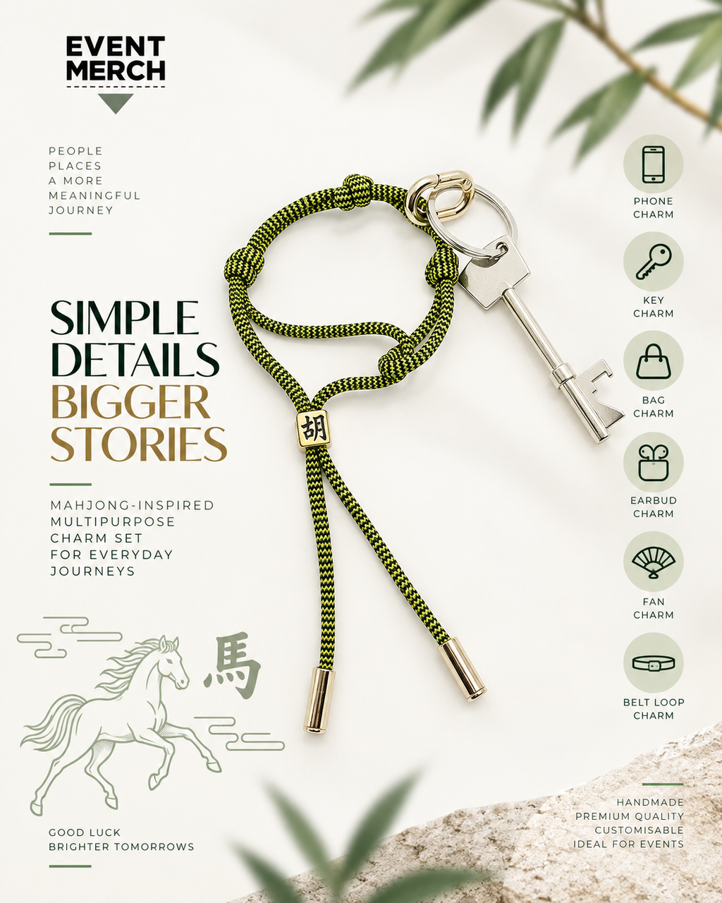 Handmade CNY mahjong-inspired multipurpose charm designed as a phone, key, bag, earbud, fan and belt-loop accessory for customised corporate gifts and event merchandise.